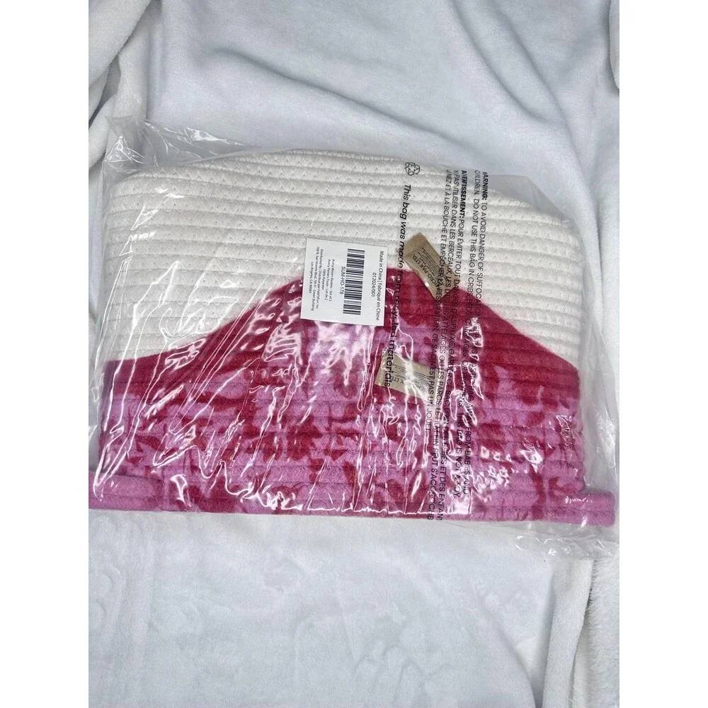 Avery Woven Fabric Baskets Set Of 2 White Pink Storage Bin Medium Home Decor